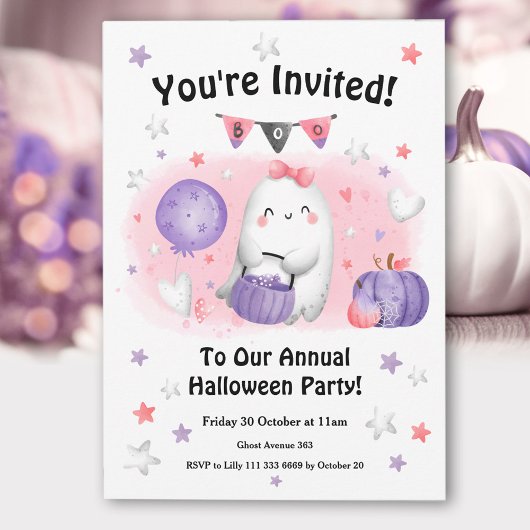 Invitation Fête d'Halloween mignon Fantôme rose violet enfant