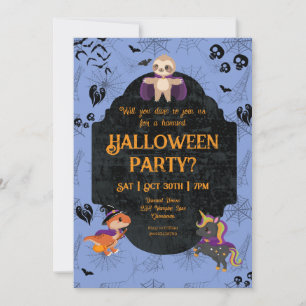 Invitation Fête d'Halloween mignonne avec paresseux, dinosaur