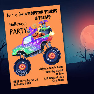 Invitation Fête d'Halloween Monster Truck et friandises