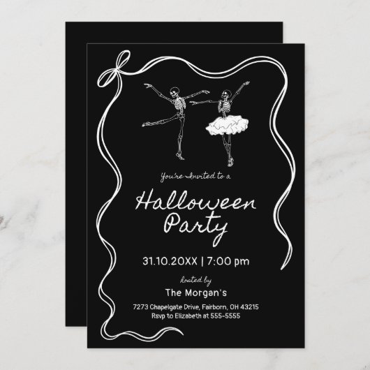 Invitation Fête d'Halloween noir et blanc (Devant / Derrière)