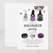 Invitation Fête d'Halloween noir et violet. Gnomes et citroui (Devant / Derrière)