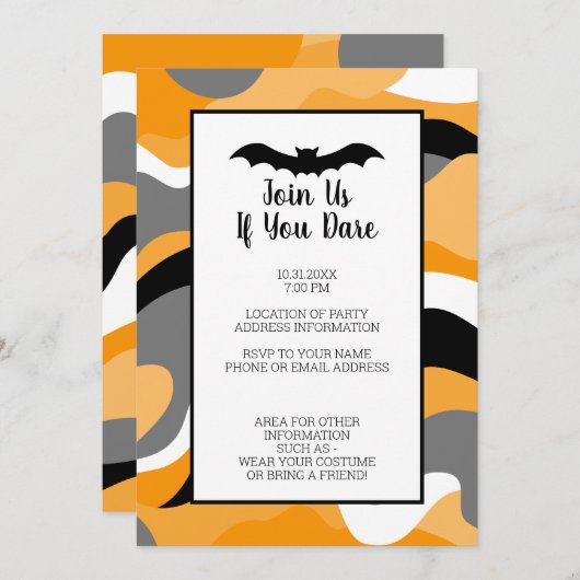 Invitation Fête d'Halloween Noir Moderne, Blanc Orange (Devant / Derrière)