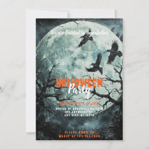 Invitation Fête d'Halloween oiseaux noirs sous la pleine lune