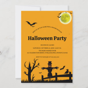 Invitation Fête d'Halloween Orange Chauve-souris Noir