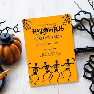 Invitation Fête d'Halloween orange et noir de squelette effra
