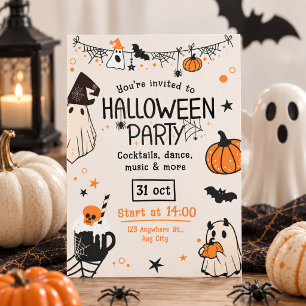 Invitation Fête d'Halloween orange et noire effrayante et amu