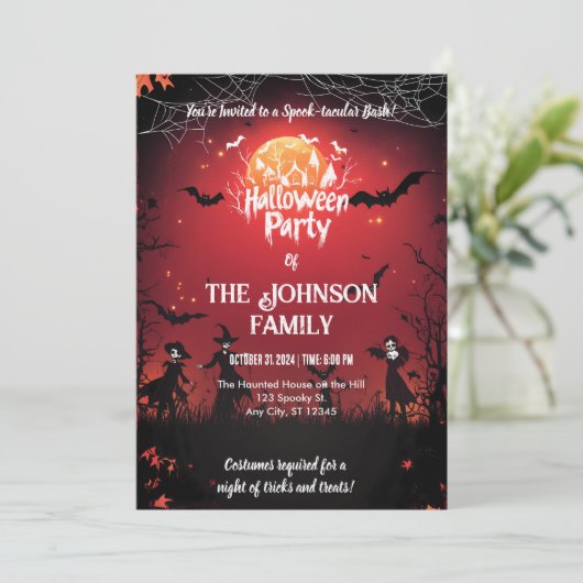 Invitation Fête d'Halloween personnalisée avec chauves-souris (Debout devant)