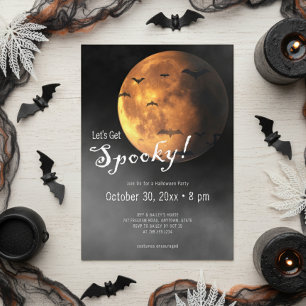 Invitation Fête d'Halloween Pleine lune et chauves-souris Éff