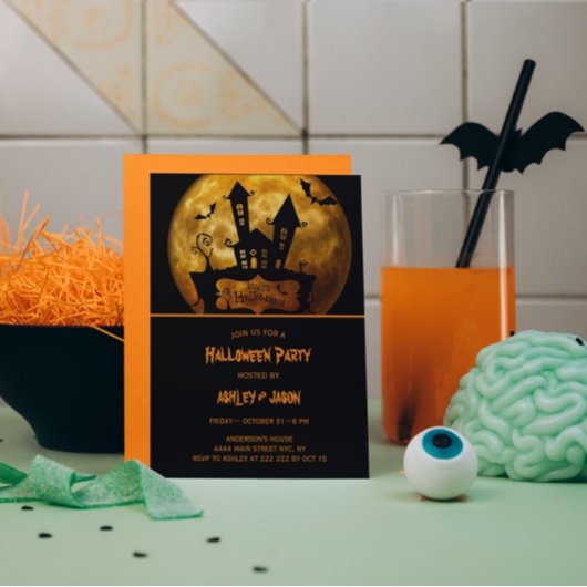 Invitation Fête d'Halloween pour adultes chauves-souris lune