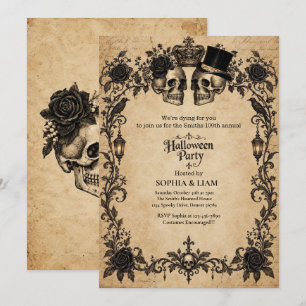 Invitation Fête d'Halloween pour adultes crâne gothique vinta