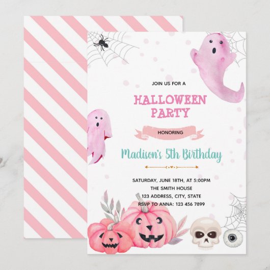 Invitation Fête d'halloween rose (Devant / Derrière)