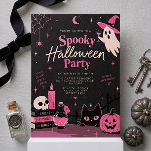 Invitation Fête d'Halloween rose sorcière mignonne et effraya