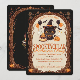 Invitation Fête d'Halloween Sorcière Chat Noir Mignon Épouvan