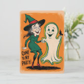 Invitation Fête d'Halloween sorcière et fantôme vintage (Debout devant)