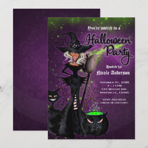 Invitation Fête d'Halloween Sorcière Glam en noir vert violet