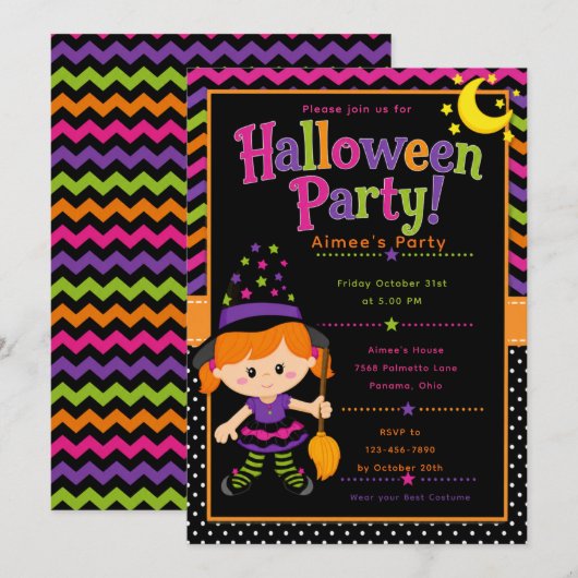 Invitation Fête d'Halloween sorcière pour filles (Devant / Derrière)