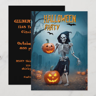 Invitation Fête d'Halloween squelette avec citrouilles