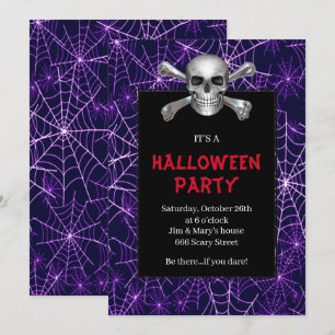 Invitation Fête d'Halloween Toile d'Araignée Violette Crâne e