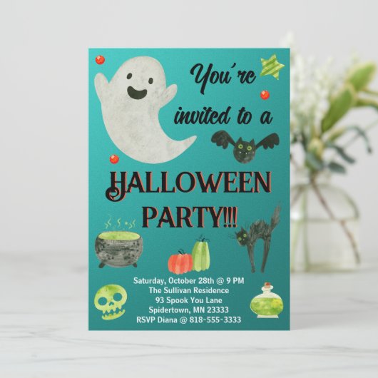 Invitation Fête d'Halloween Turquoise et vert (Debout devant)