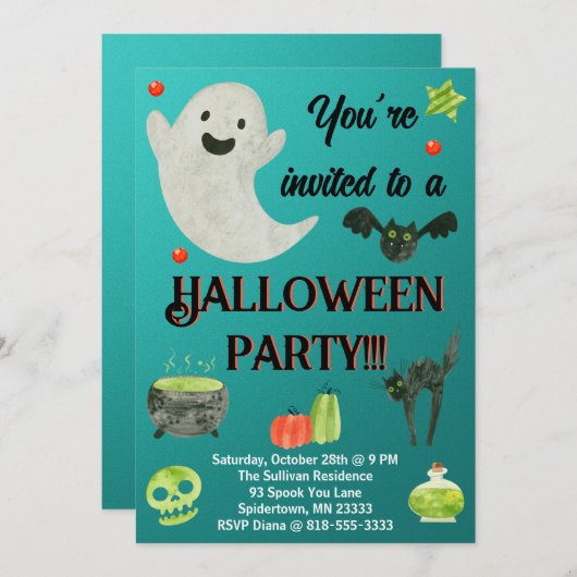 Invitation Fête d'Halloween Turquoise et vert (Devant / Derrière)