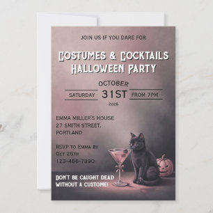 Invitation Fête d'Halloween Vintage Chat Noir & Pink Martini