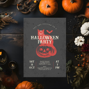 Invitation Fête d'Halloween Vintage Chauve-Souris et Chat Noi