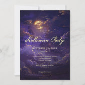 Invitation Fête d'Halloween violet foncé et nuages dorés lune (Devant)