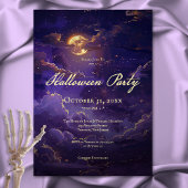 Invitation Fête d'Halloween violet foncé et nuages dorés lune