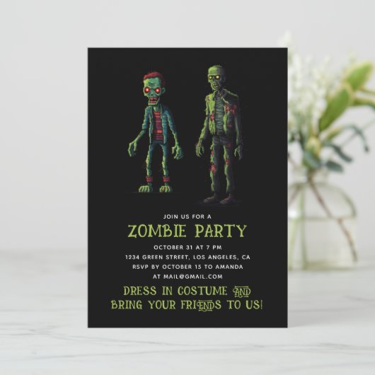Invitation Fête d'Halloween Zombie. Funky Éffrayant vert & no (Debout devant)