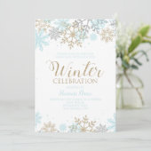 Invitation Fête d'hiver Bleu Or Flocons de neige (Debout devant)