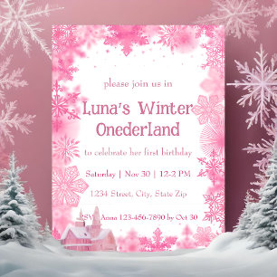 Invitation Fête d'hiver flocon de neige rose Onederland