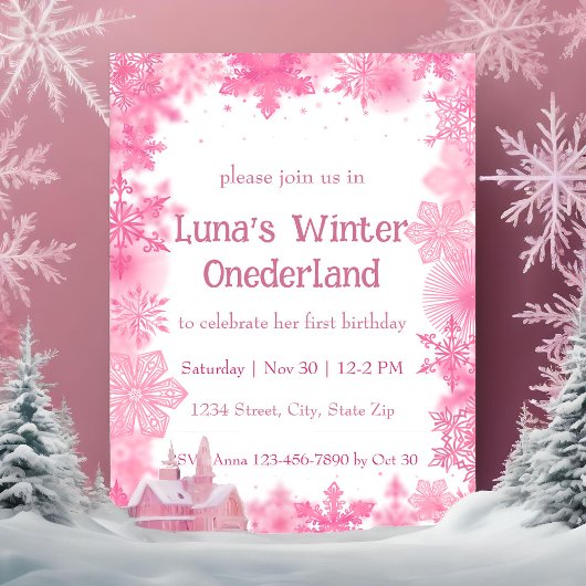Invitation Fête d'hiver flocon de neige rose Onederland