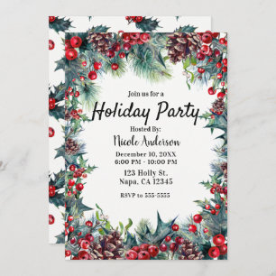 Invitation Fête d'hiver Noël Holly & Pine Cones