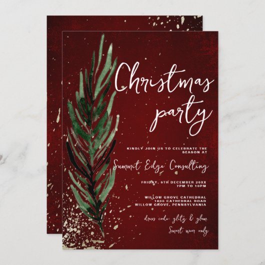 Invitation Fête d'hiver Pine & Or Bureau Noël (Devant / Derrière)