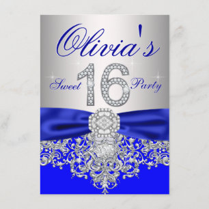 Invitation Fête Diamants Royal Bleu et Argent Sweet 16
