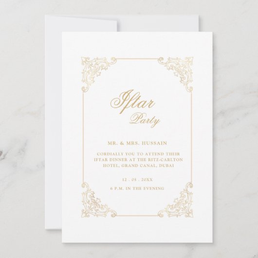 Invitation Fête d'Iftar de style vintage or calligraphié blan (Devant)