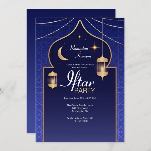 Invitation Fête d'Iftar en Bleu (Devant / Derrière)