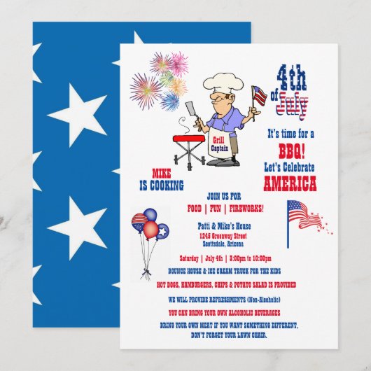 Invitation Fête d'Indépendance du 4 juillet BBQ Feux d'artifi (Devant / Derrière)