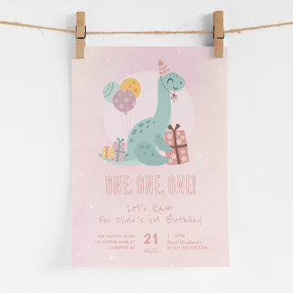 Invitation Fête Dino Rawr Rose 1er Anniversaire