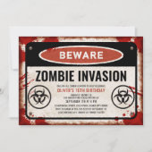 Invitation Fête d'invasion de zombies avec panneau de danger (Devant)