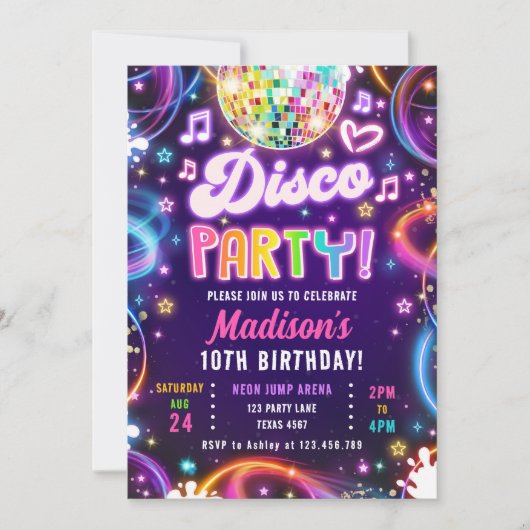 Invitation Fête Disco Faisons briller Neon Fille Lumineuse An (Devant)