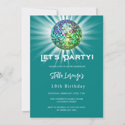 Invitation Fête Disco turquoise vert anniversaire (Devant)