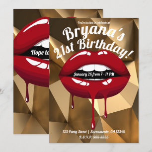 Invitation Fête dorée Glamour Luxe Rouge Gouttes Lèvres qui d