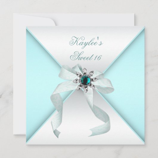 Invitation Fête douce 16 ans Bleu sarcelle Blanc (Devant)