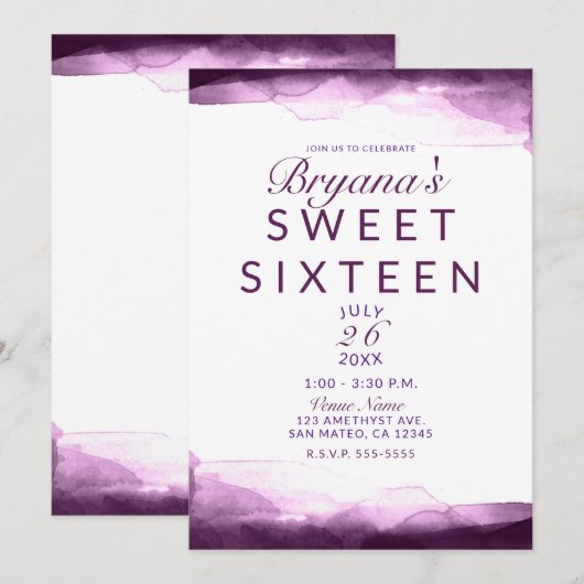 Invitation Fête douce 16 ans chic aquarelle pourpre de Boysen (Devant / Derrière)