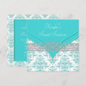 Invitation Fête douce 16 ans damas bleu sarcelle (Devant / Derrière)