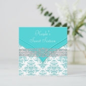 Invitation Fête douce 16 ans damas bleu sarcelle (Debout devant)