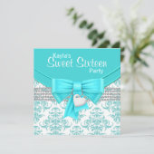 Invitation Fête douce 16 ans damas bleu sarcelle (Debout devant)