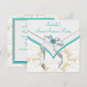 Invitation Fête douce 16 ans damas bleu sarcelle (Devant / Derrière)