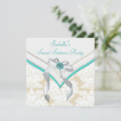 Invitation Fête douce 16 ans damas bleu sarcelle (Debout devant)